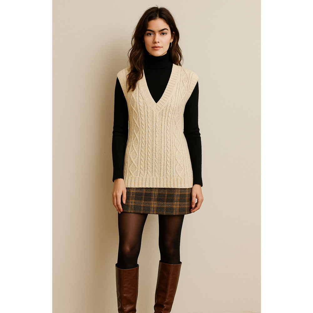 Vintage Currants Cream Cable Knit Deep V‎ Sweater Vest Small Grandpacore Preppy